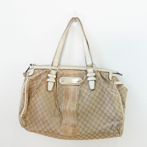 VINTAGE Celine Bag Leather Beige Tote Purse White‎ Macadam Canvas Logo Monogram - Picture 1 of 16